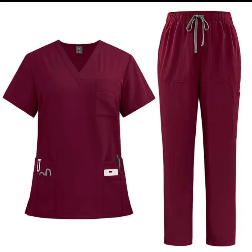 NWOT Garnet Red 2-Piece Scrub Set Small Unisex V-Neck Top Drawstring Pants